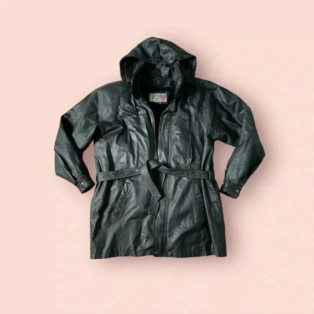Men’s belted vintage leather jacket with removable hood